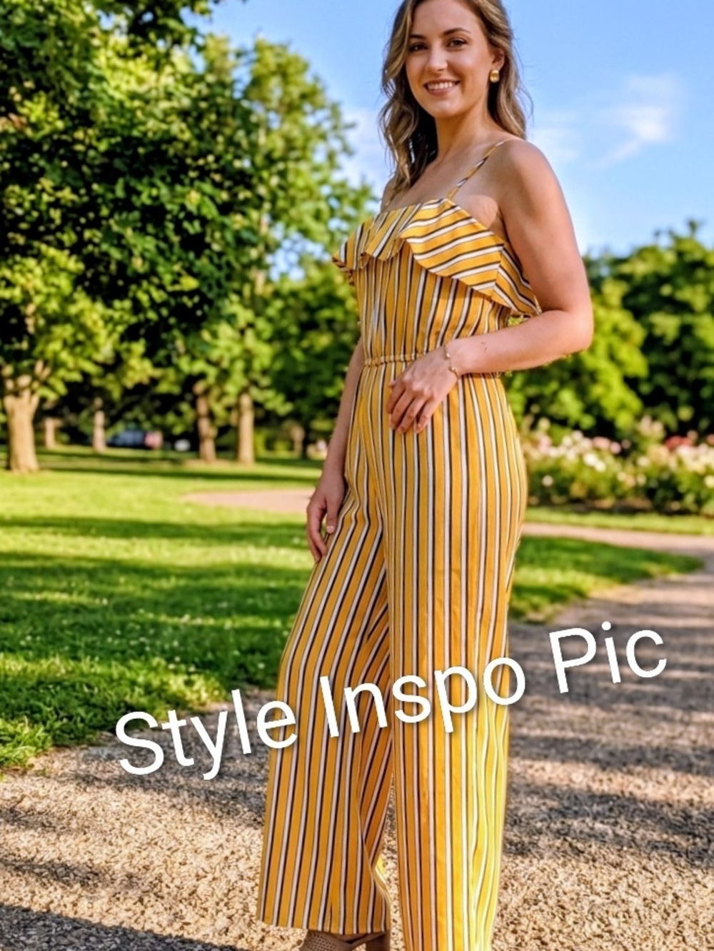 Size Small Bluenotes EUC Yellow White Striped Wide Leg Ruffle Jumpsuit Romper - Picture 3 of 14